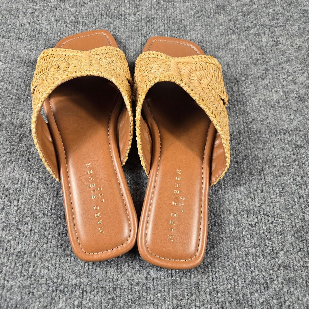 Marc Fisher LTD Woven Raffia Slide Sandals Womens 11 Natural Tan Flat Square Toe